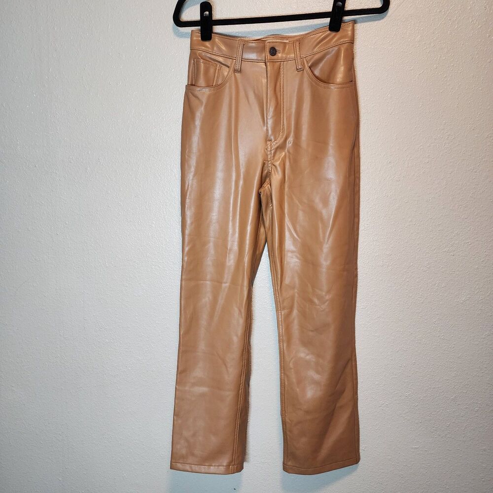 Abercrombie & Fitch 90s Straight Ultra High Rise Vegan Leather Pants Tan 27 Shor